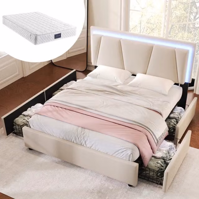 Letto matrimoniale – 140x200 cm – LED testiera regolabile 4 cassetti – legno beige