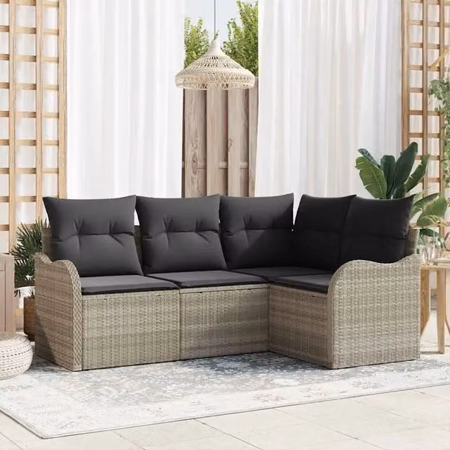 Set Divano da Giardino 4 Pezzi vidaXL in Polyrattan Grigio con Tavolino e Cuscini
