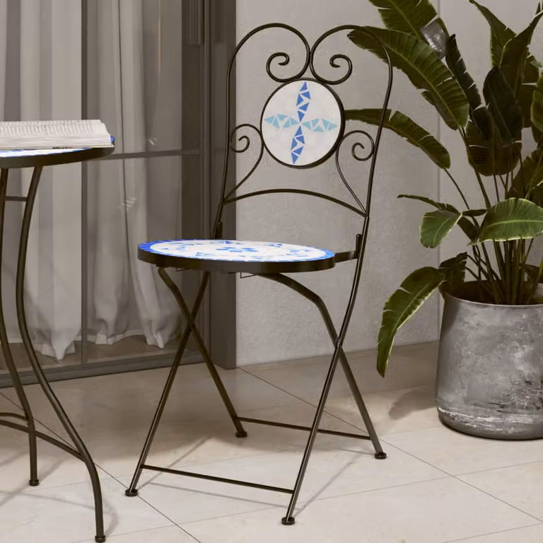 Set di 2 sedie pieghevoli vidaXL in ceramica e metallo con decorazione geometrica mediterranea, blu e bianca