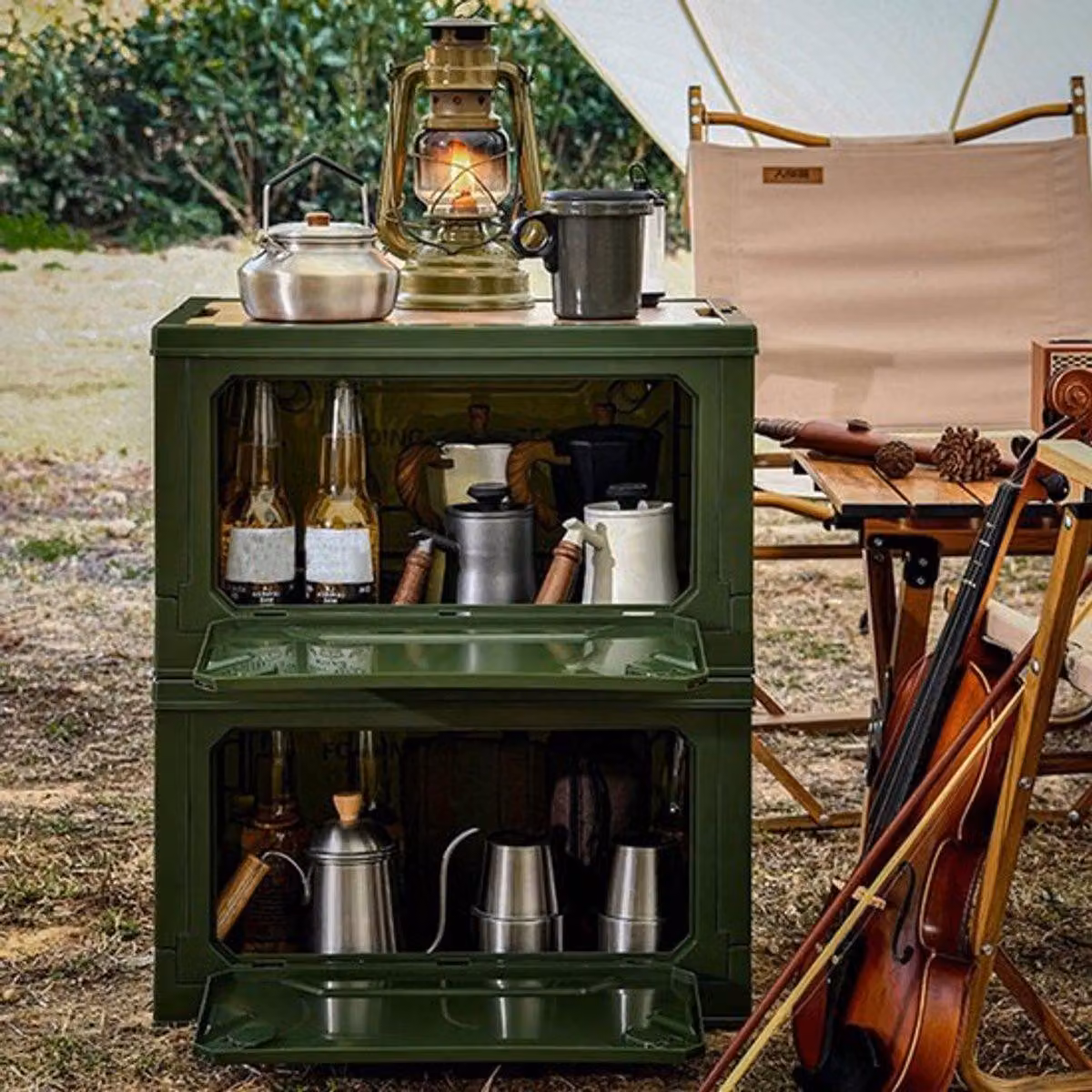 Contenitore pieghevole per il campeggio con coperchio in legno - Contenitore pieghevole con ruote, ideale per auto, picnic e attività all'aperto