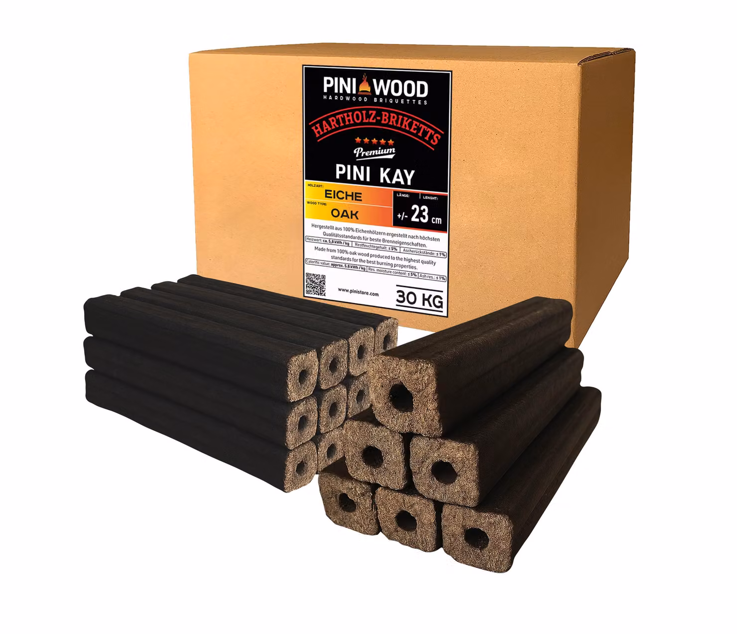 PINI Kay bricchetti di legno di quercia lunghi 23 cm quadrati con foro di estrazione 30 kg bricchetti di legno duro legna da ardere bricchetti di legno di quercia caminetto stufa camino barbecue