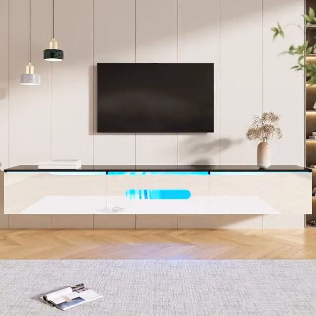 Mobile TV Sospeso ¨C MINIMAL ¨C Nero e Bianco, Lucido, LED 16 Colori, 180 cm