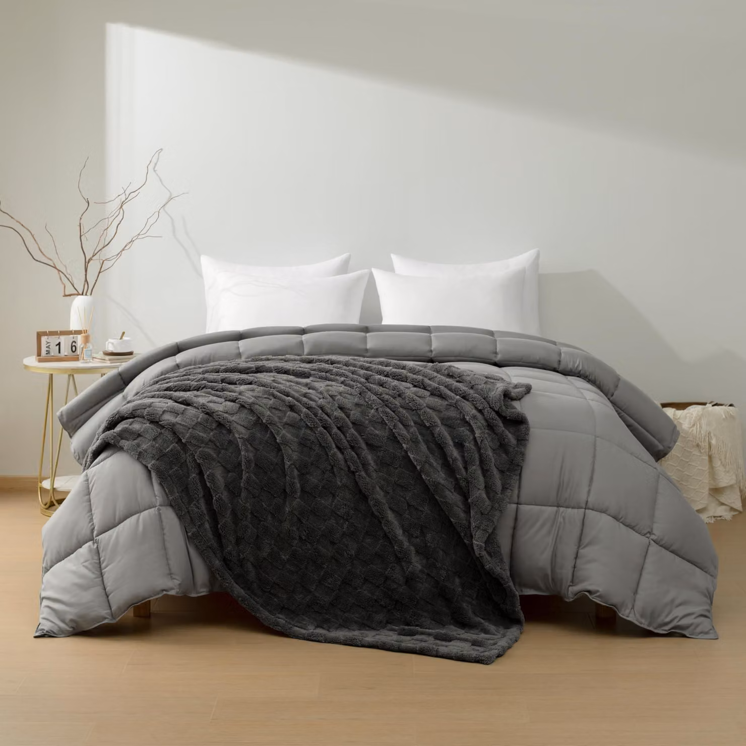 Set di lenzuola matrimoniali (200x200 cm) + coperta (150x200 cm), colore grigio, in microfibra, adatto per tutte le stagioni