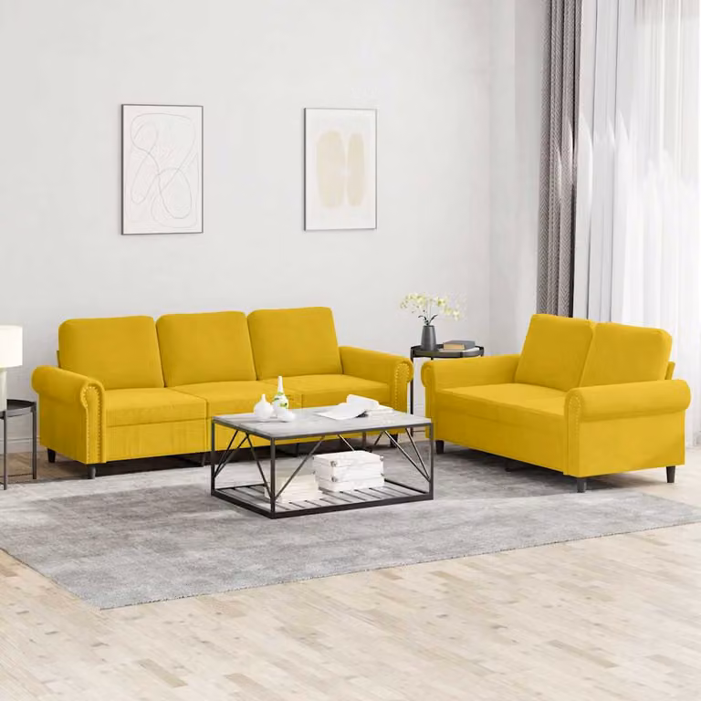 Set di divani vidaXL in velluto giallo con cuscini, composto da un divano a 2 posti e uno a 3 posti per il tuo soggiorno moderno