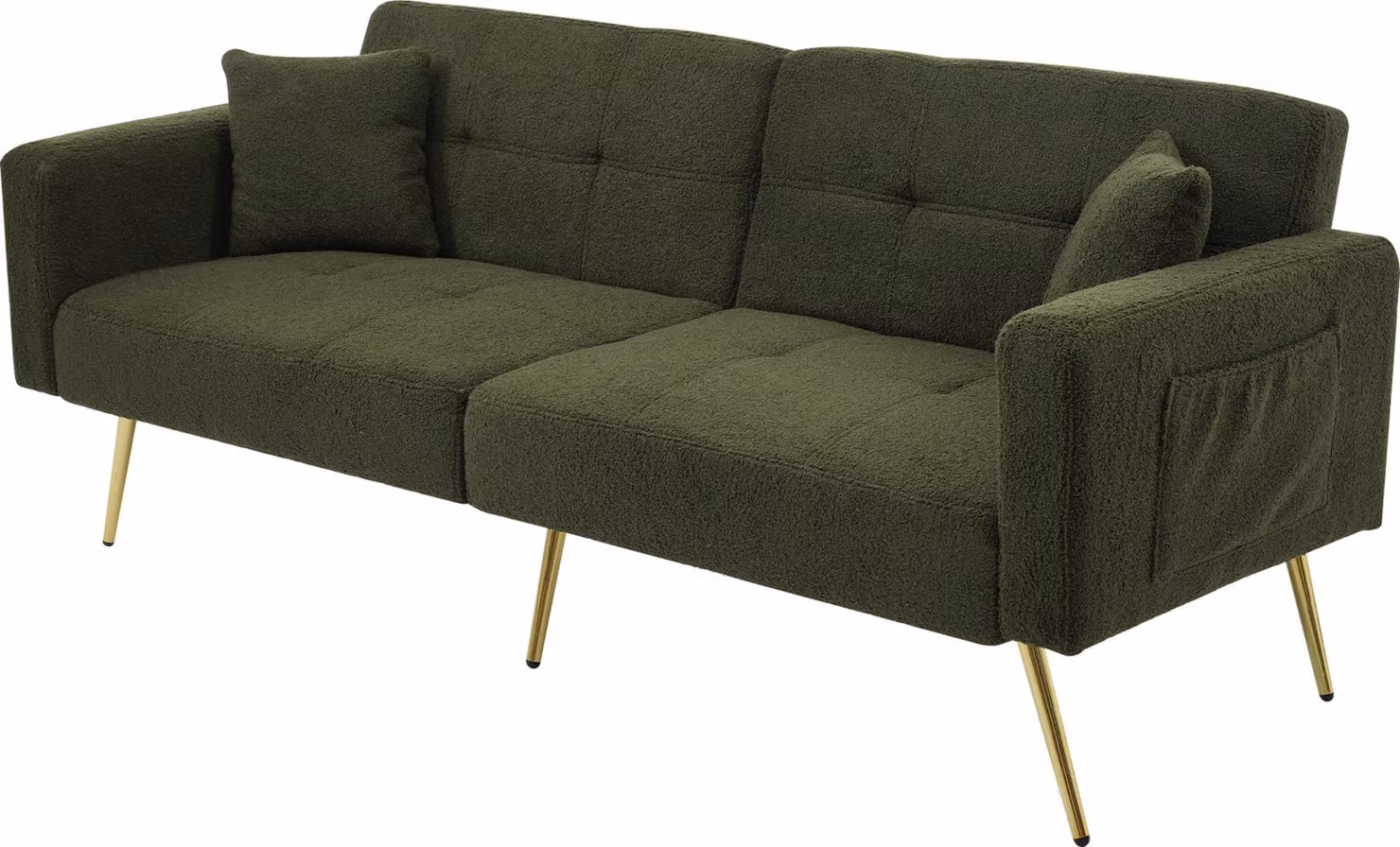 STILVORA Divano letto angolare con funzione letto e chaise longue regolabile, cuscini e tasche portaoggetti laterali, gambe dorate, verde