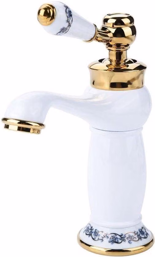 Rubinetto in Vetroceramica con finitura in ottone anticato e porcellana bianca e blu, collo lungo, per acqua fredda e calda, ideale per bagno e cucina