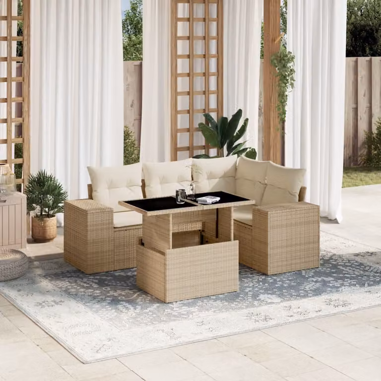 vidaXL Set Divano da Giardino a L 5 pz con Cuscini Beige e Tavolino in Polyrattan e Metallo