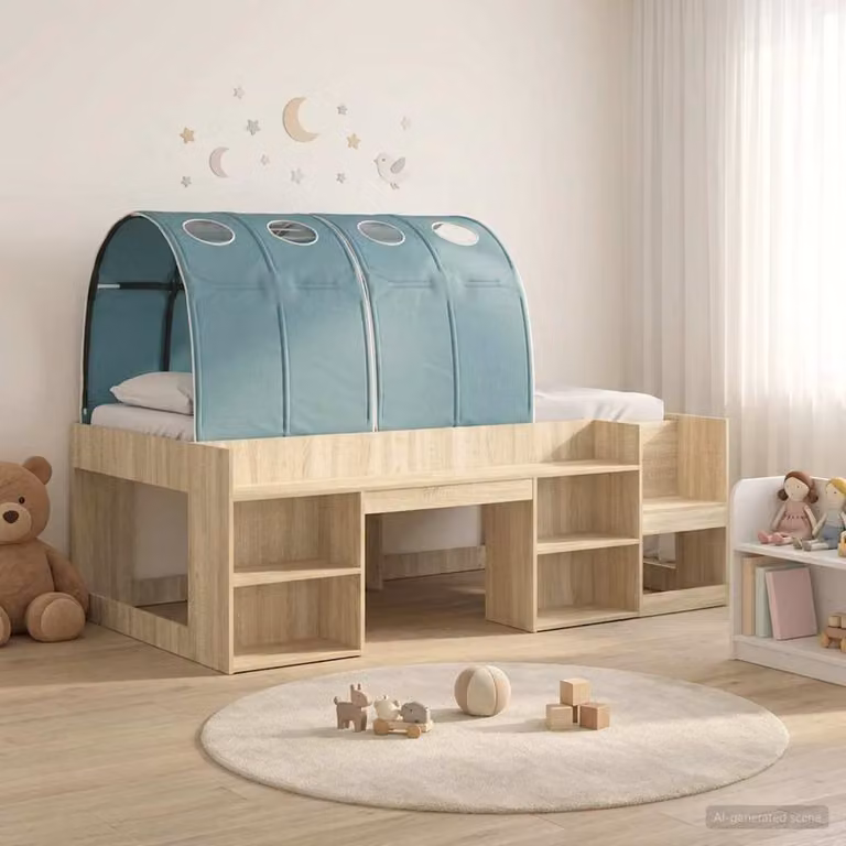 Letto alto per bambini vidaXL con contenitore in 3 pezzi, Rovere Sonoma e Azzurro, L: 203 cm, P: 120 cm, H: 118,5 cm