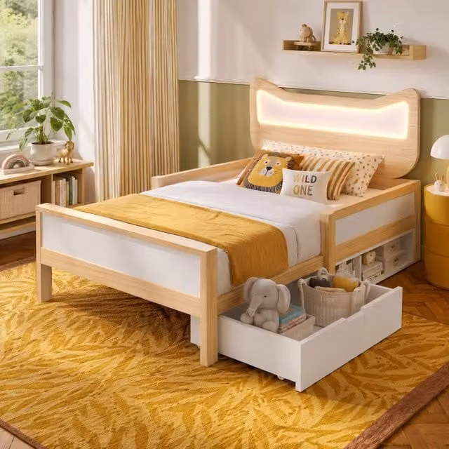 Letto per bambini 90x200 cm con testiera a orecchie di gatto, LED RGB, rete a doghe, cassetto flessibile, Bianco e Rovere (senza materasso)