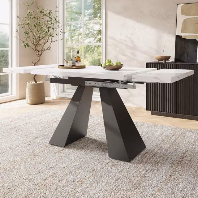 Tavolo da pranzo allungabile con piano scorrevole e gambe regolabili per cucina, bianco e nero, 99 × 74 × 77 cm