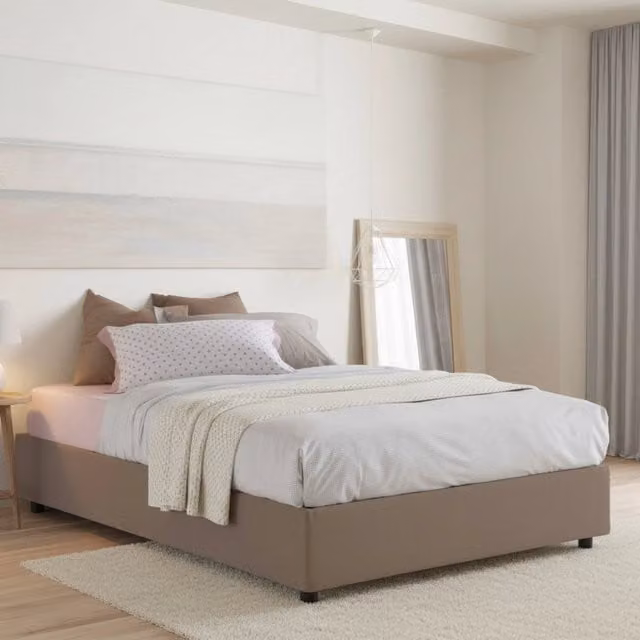 Letto matrimoniale contenitore Alaksir Talamo Italia con materasso incluso, rivestimento in tessuto, colore tortora, dimensioni materasso: 140 x 200 cm – 1