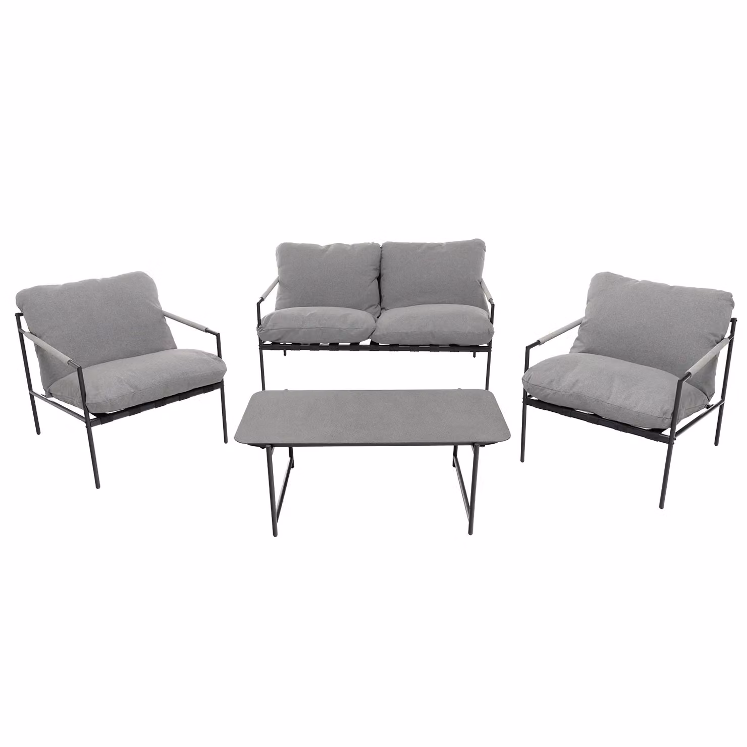 Vestiamo Casa Giardino Set da giardino moderno 4 pezzi con struttura in acciaio antracite, tavolo con top in vetro e cuscini in tessuto grigio – 1