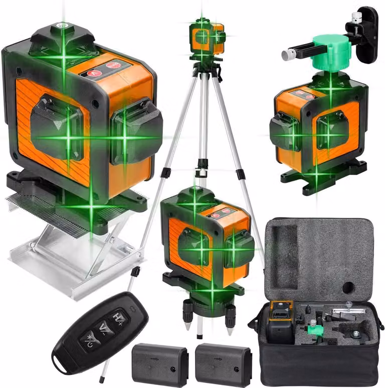Livella laser a croce - 16 linee - 4D - 2 batterie - Misuratore di distanza - Verde - Con accessori - 360° - 520 nm