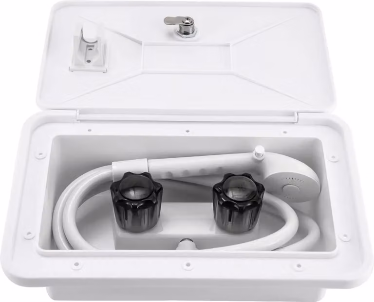 Box doccia da esterno - Set doccia/lavabo da esterno per camper e barche - Con serratura - Montaggio a incasso a parete - Coperchio 34,46×21,98 cm - PP/PVC/ABS/acrilico - Bianco