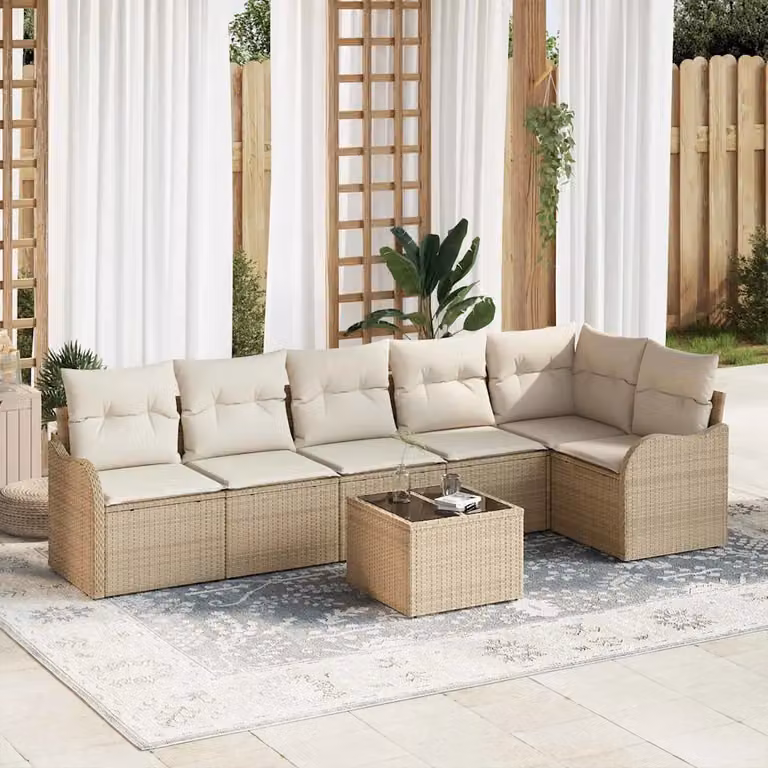 Set Divano da Giardino a L vidaXL 7 pz Marrone con Cuscini e Tavolino in Polyrattan e Metallo