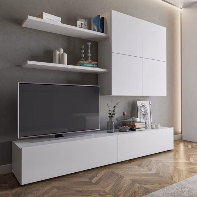 Parete Attrezzata Modulabile Bagnaria DMORA per Soggiorno, Bianco Opaco, L: 200 cm, H: 39,6 cm, P: 31,2 cm