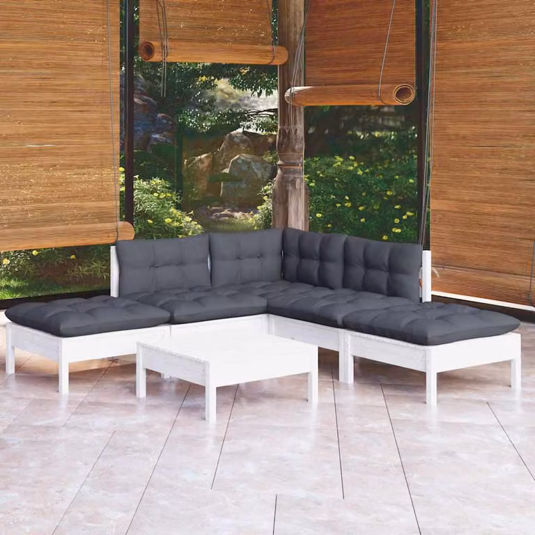 Set di divani da giardino vidaXL a forma di L composto da 6 pezzi con cuscini in tessuto, struttura in legno di pino trattato e finitura laccata, disponibile in bianco, antracite o grigio