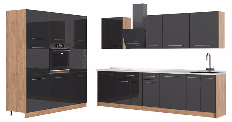 Cucina componibile Vicco Fame-Line Antracite lucido/Rovere dorato 460 cm, PL Marmo, Model 63787