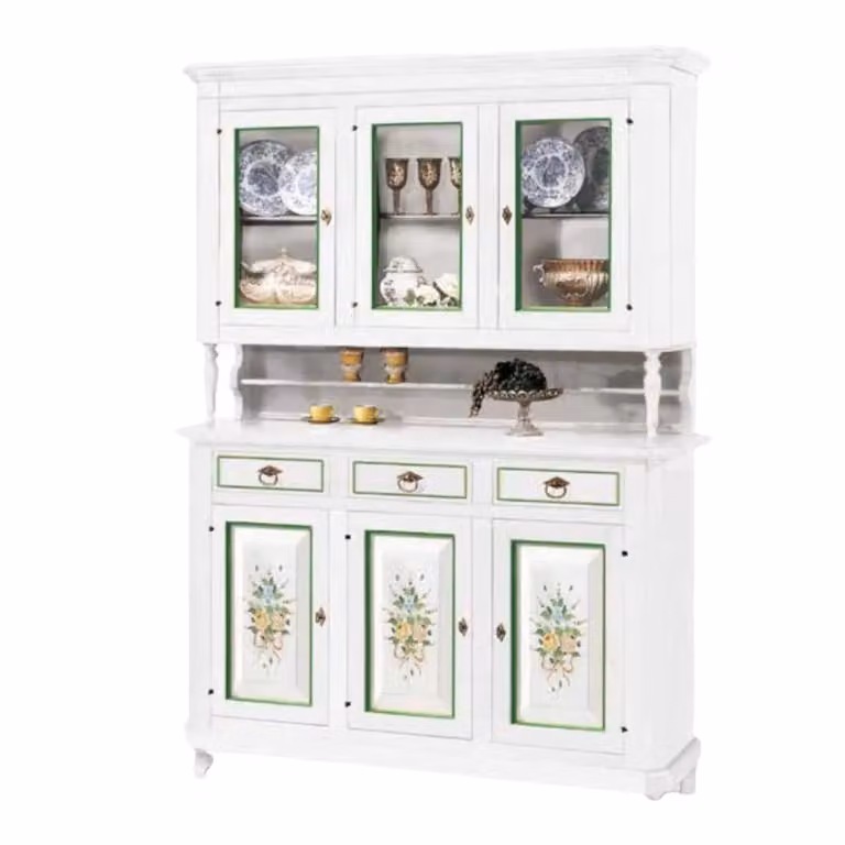 Cristalliera Napoletana Arte Povera Mobili 2G con 3 ante e decori floreali bianco L: 150 cm, P: 43 cm, H: 208 cm