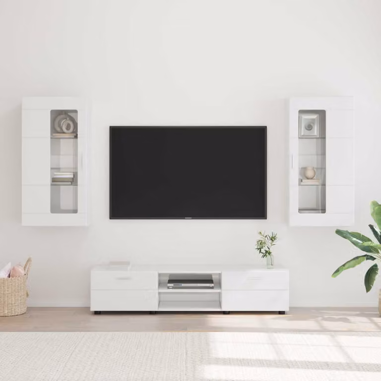 Set mobile TV moderno vidaXL FLORIN in 3 pezzi Bianco Lucido e Legno MDF L: 150 cm, P: 39 cm, H: 30 cm
