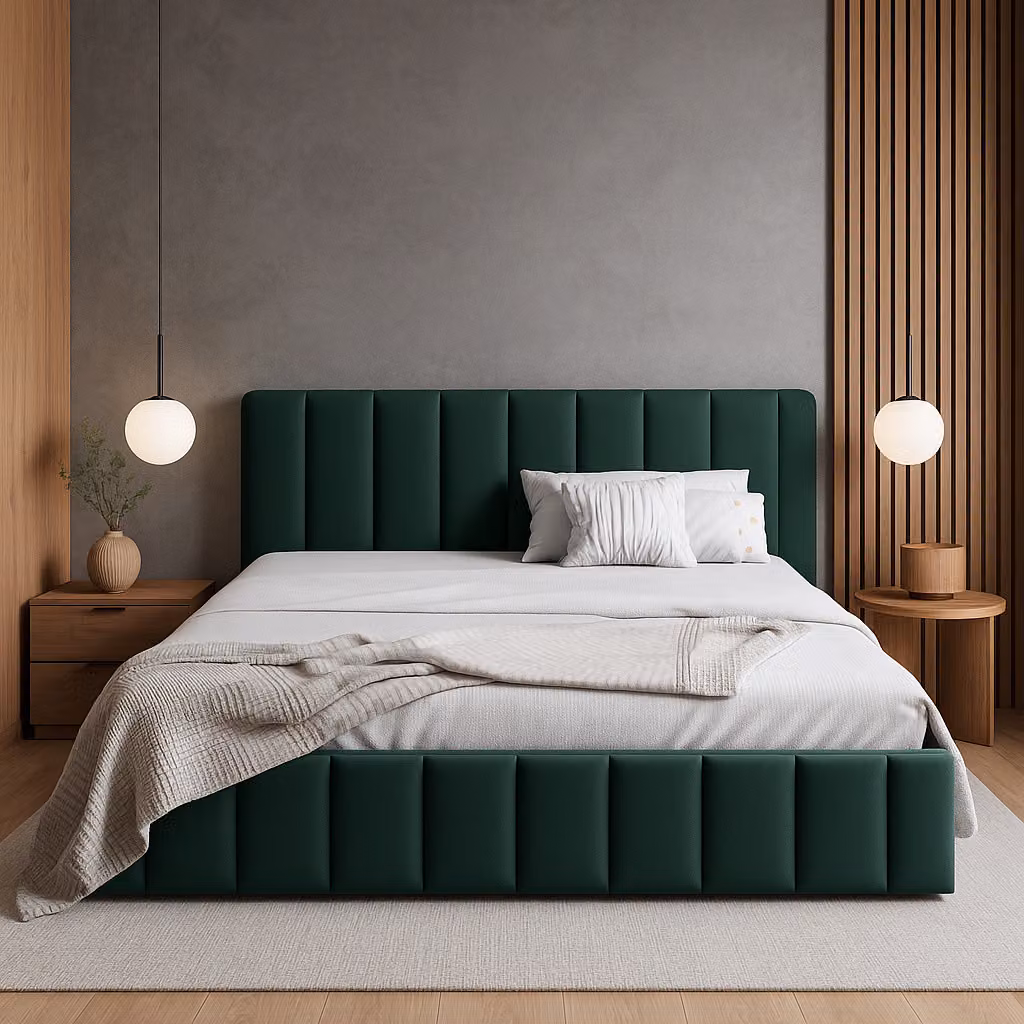Letto imbottito Sofello, superficie di riposo 160 x 200 cm, struttura a doghe in legno con funzione di sollevamento, letto verde in velluto