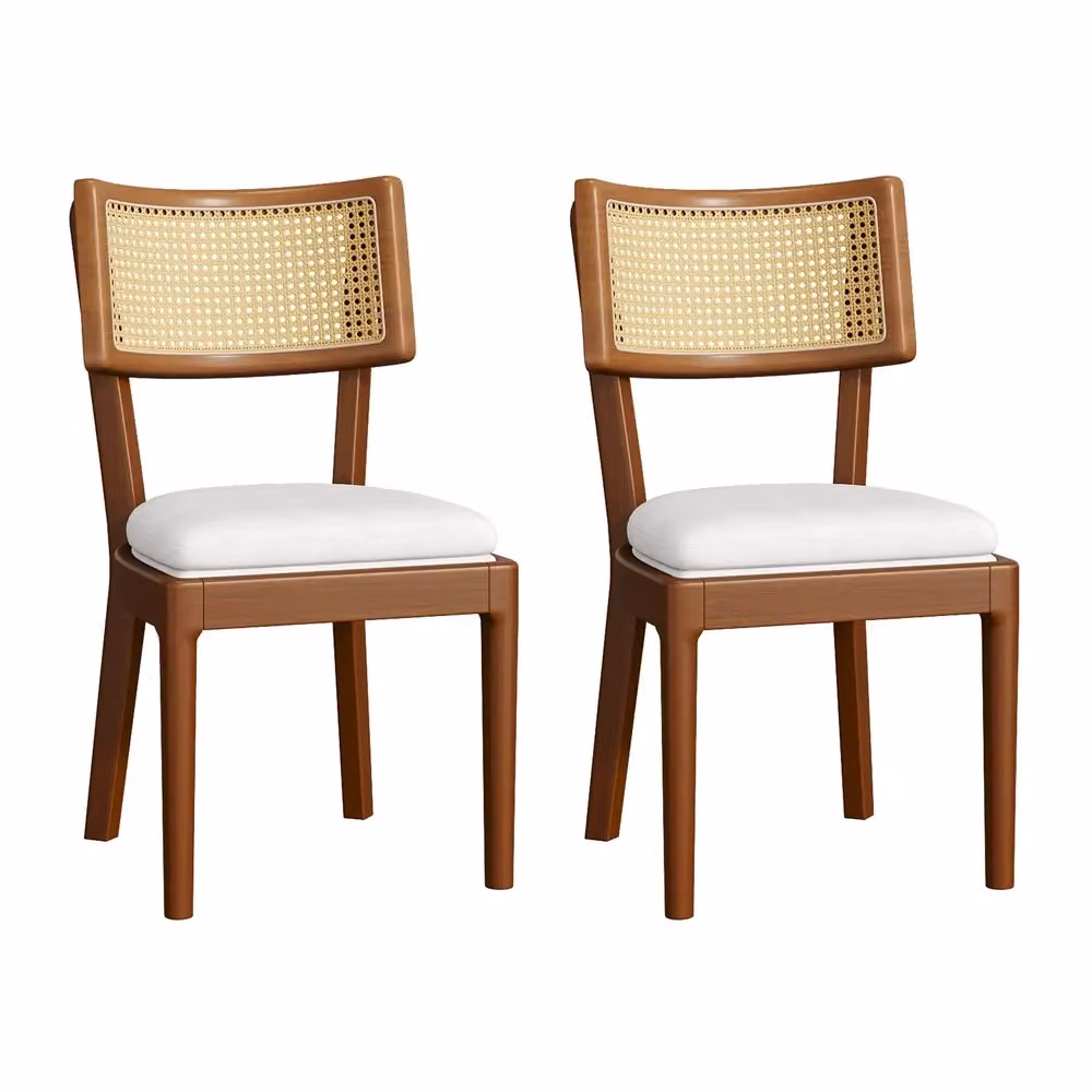 Set di 2 sedie da pranzo Minimal in legno massello noce con schienale in rattan e rivestimento in lino bianco, stile moderno – 2