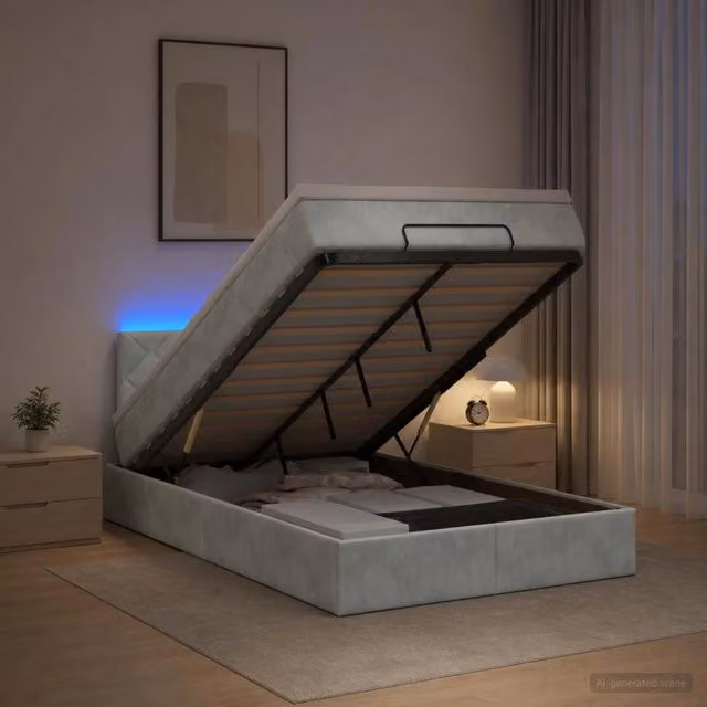 Letto Ottomano con Materasso Ibrido vidaXL in Velluto Grigio e Bianco con Illuminazione LED Sotto il Letto e Base a Sollevamento L/P/H: 120 x 200 x 88 cm – 1