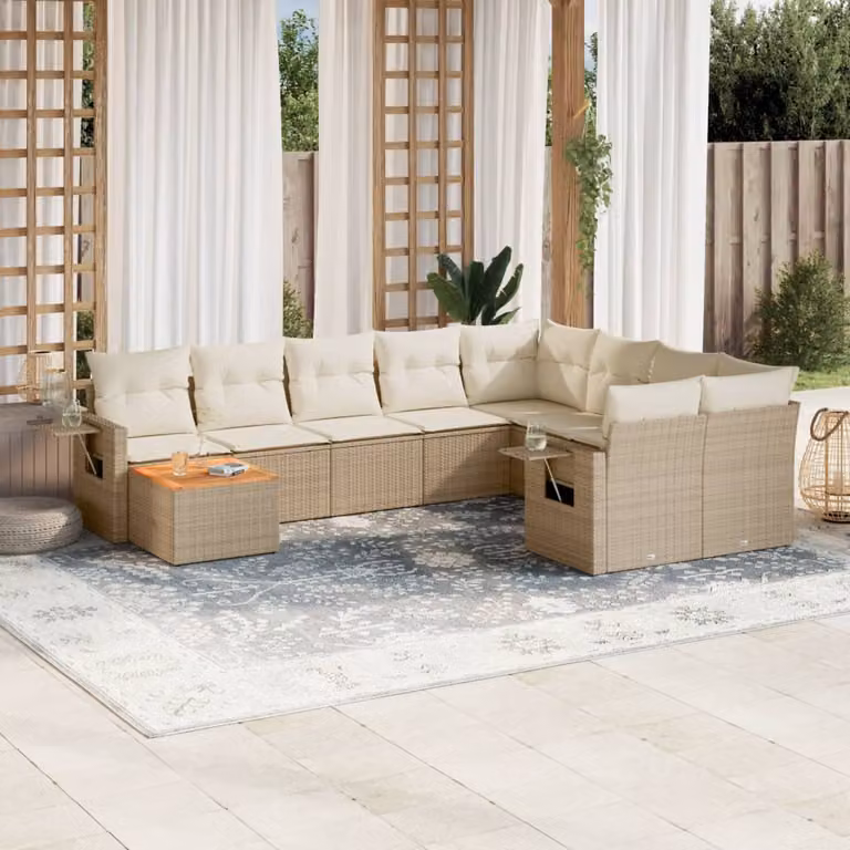 vidaXL Set Divano da Giardino 10 pz in Polyrattan con Cuscini Beige e Tavolino da Esterno