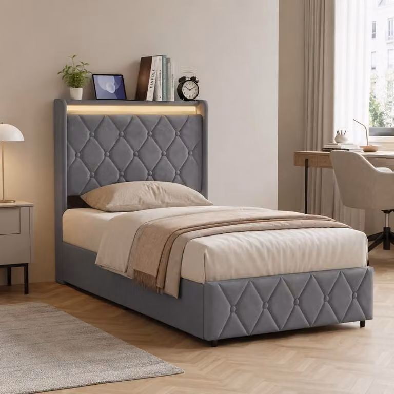Letto imbottito ProximaX 90x200 cm in velluto con vano portaoggetti idraulico, LED RGB e stazione di ricarica USB-C, grigio