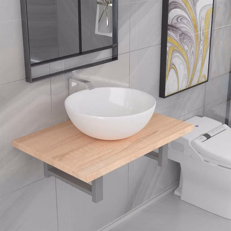 Set di mobili da bagno vidaXL in 2 pezzi con mobile lavabo e pensile in ceramica e legno rovere, design moderno bianco e marrone