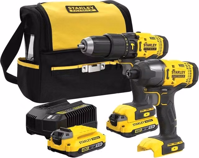 Kit di avvitatori a batteria Stanley Fatmax 18V con 2 batterie al litio da 2 Ah, colore giallo