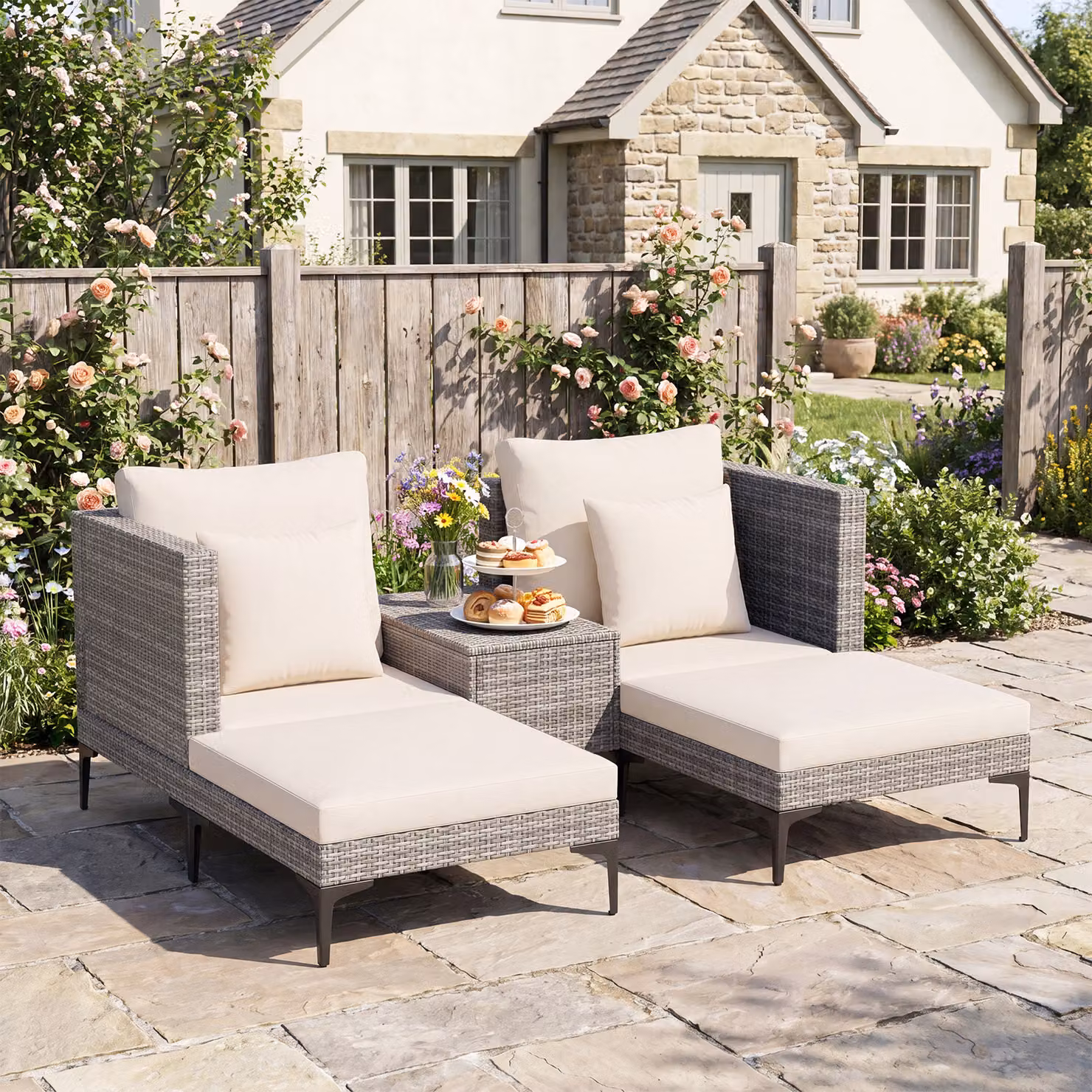 Set da giardino Costway in rattan bianco composto da 5 pezzi con 2 poltrone, 2 poggiapiedi e 1 tavolino con cuscini inclusi