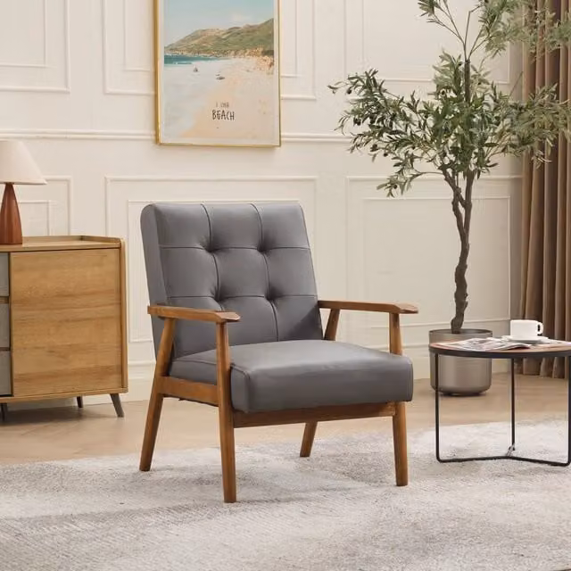 Poltrona lounge MIVRAY in pelle bovina grigia con braccioli e struttura in legno di gomma massello