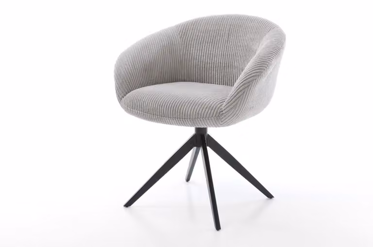 Sedia girevole DELIFE Vinka-Flex con braccioli in tessuto corda grigio argento, base a croce larga nera, rotazione a 360°, funzione oscillante, molle insacchettate