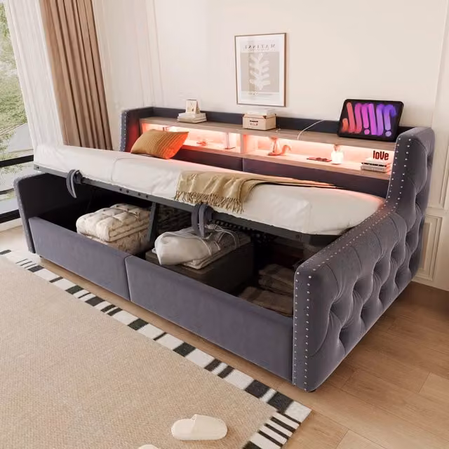 Letto divano singolo 90 × 200 cm con contenitore idraulico, LED, prese USB e tipo C, senza materasso, velluto grigio