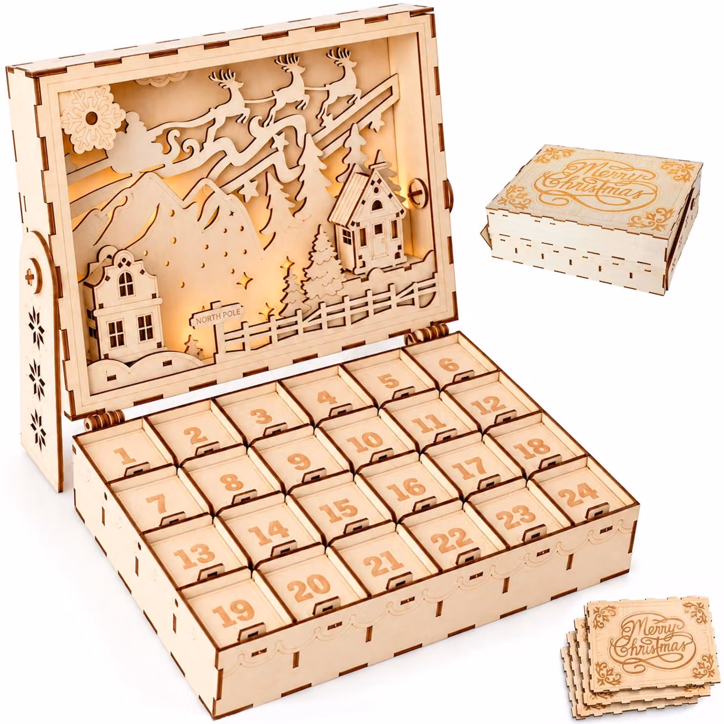 Calendario dell'Avvento in legno, da realizzare da soli, con 24 cassetti, dimensioni 29x20,5x25,5 cm