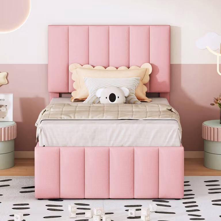 okwish Letto imbottito 90 x 200 cm con letto estraibile e 3 cassetti, Lino, Rosa