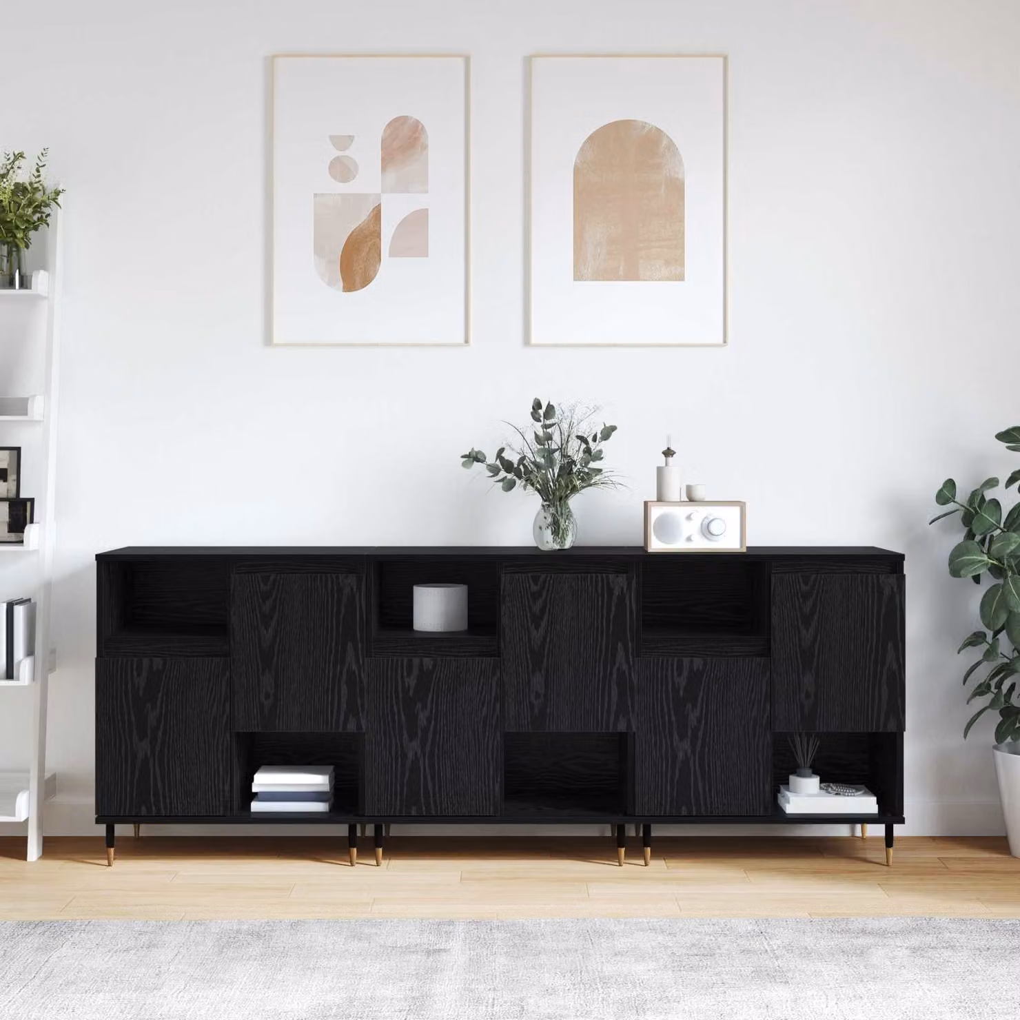 Set di 3 Sideboard vidaXL in Rovere Nero e Metallo per Soggiorno e Sala da Pranzo L: 180 cm, P: 35 cm, H: 70 cm – 1
