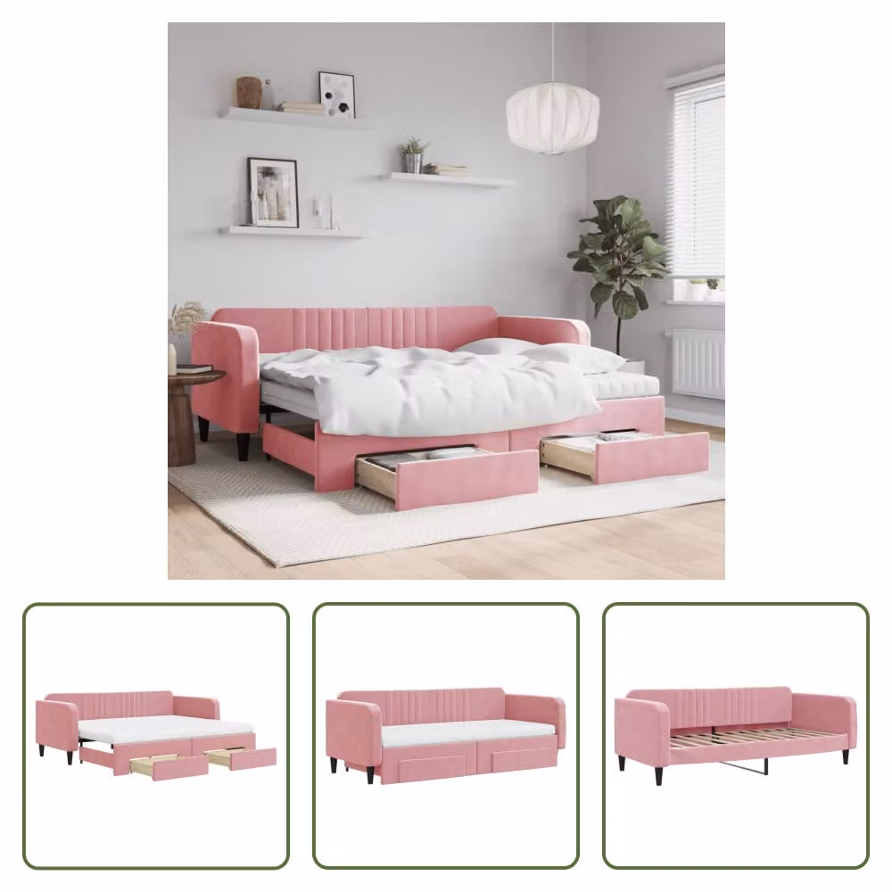 The Living Store Daybed allungabile con cassetti Rosa 90x200 cm in velluto
