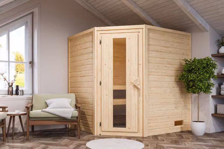 Sauna Woodfeeling Mia (ingresso ad angolo), porta in legno con vetro isolante, isolata termicamente, bronzata, riscaldatore 9 kW centralina integrata