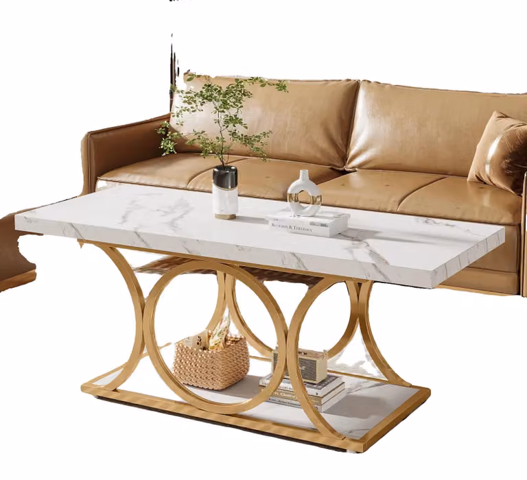 Tavolino da caffè, design moderno, vano contenitore a due livelli, bianco e oro