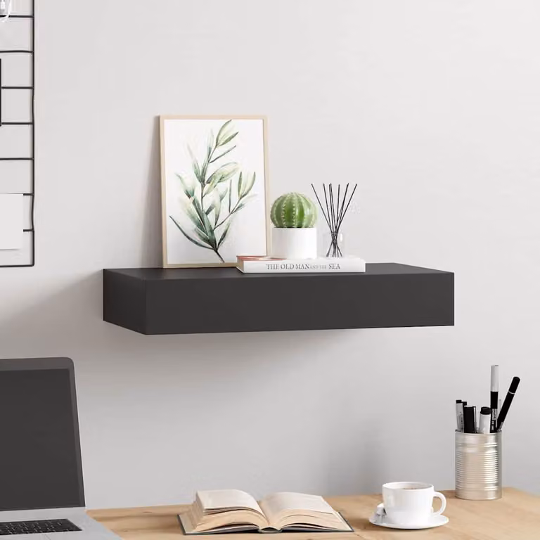 vidaXL Mensola a Muro Galleggiante con Cassetto Nera Moderna L: 48 cm, P: 25 cm, H: 8 cm
