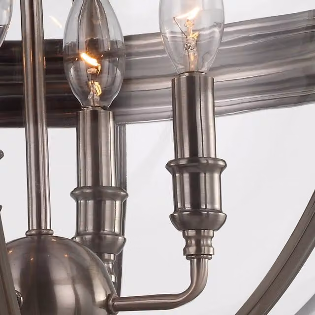 Lampadario Industrial Nordico Adams FEISS in Acciaio Nichel Antico e Vetro Trasparente con 4 Luci E14 Color Argento