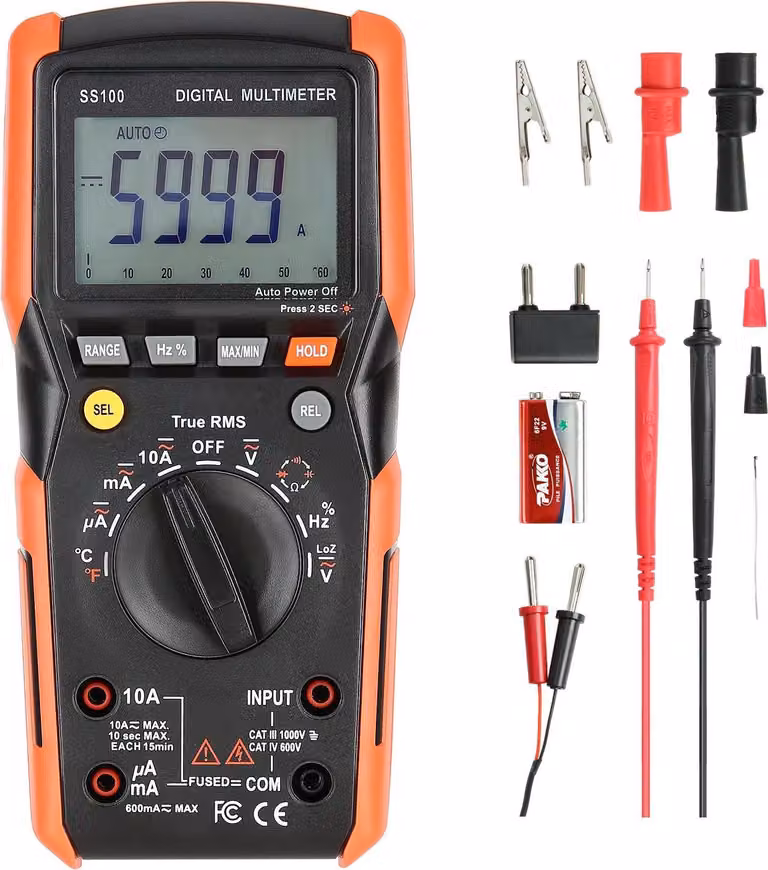 Multimetro digitale - Multimetro TRMS - 6000 conteggi - Selezione automatica del range - Tensione e corrente AC/DC - Resistenza, capacità, temperatura - Diodi e continuità - LowZ