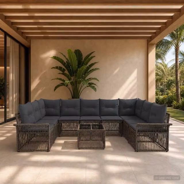 Set Divano da Giardino vidaXL 10 Pezzi Grigio con Poltrone, Elementi Angolari, Tavolino e Cuscini in Polyrattan e Metallo – 1