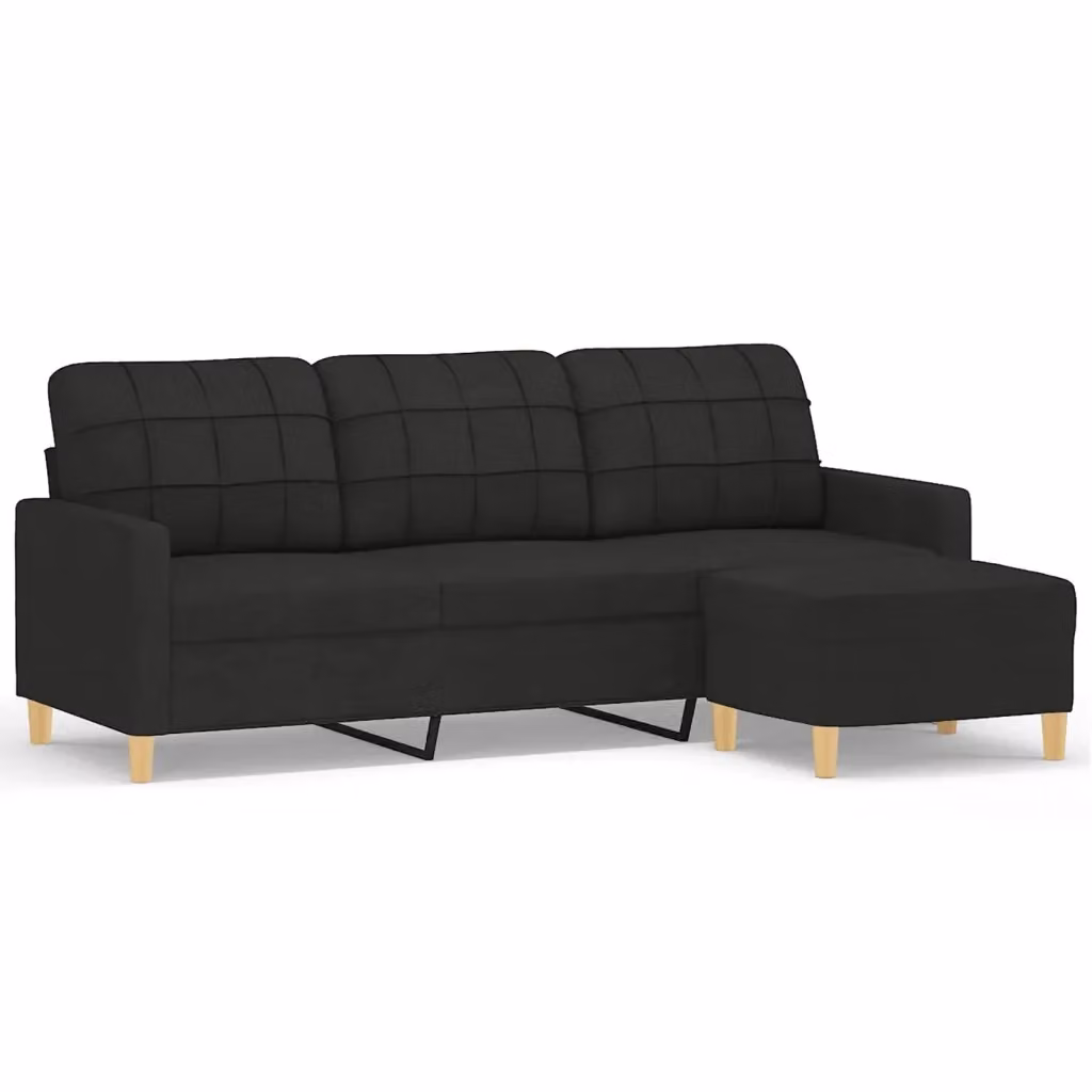 Divano a 3 posti moderno vidaXL con poggiapiedi coordinato nero in tessuto e struttura in metallo e MDF L: 198 cm, P: 80 cm, H: 77 cm – 2