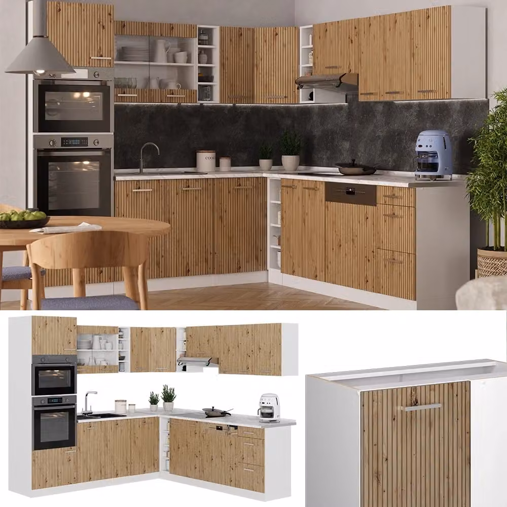 Cucina angolare moderna Vicco in rovere e bianco con ante a battente e illuminazione integrata – 2