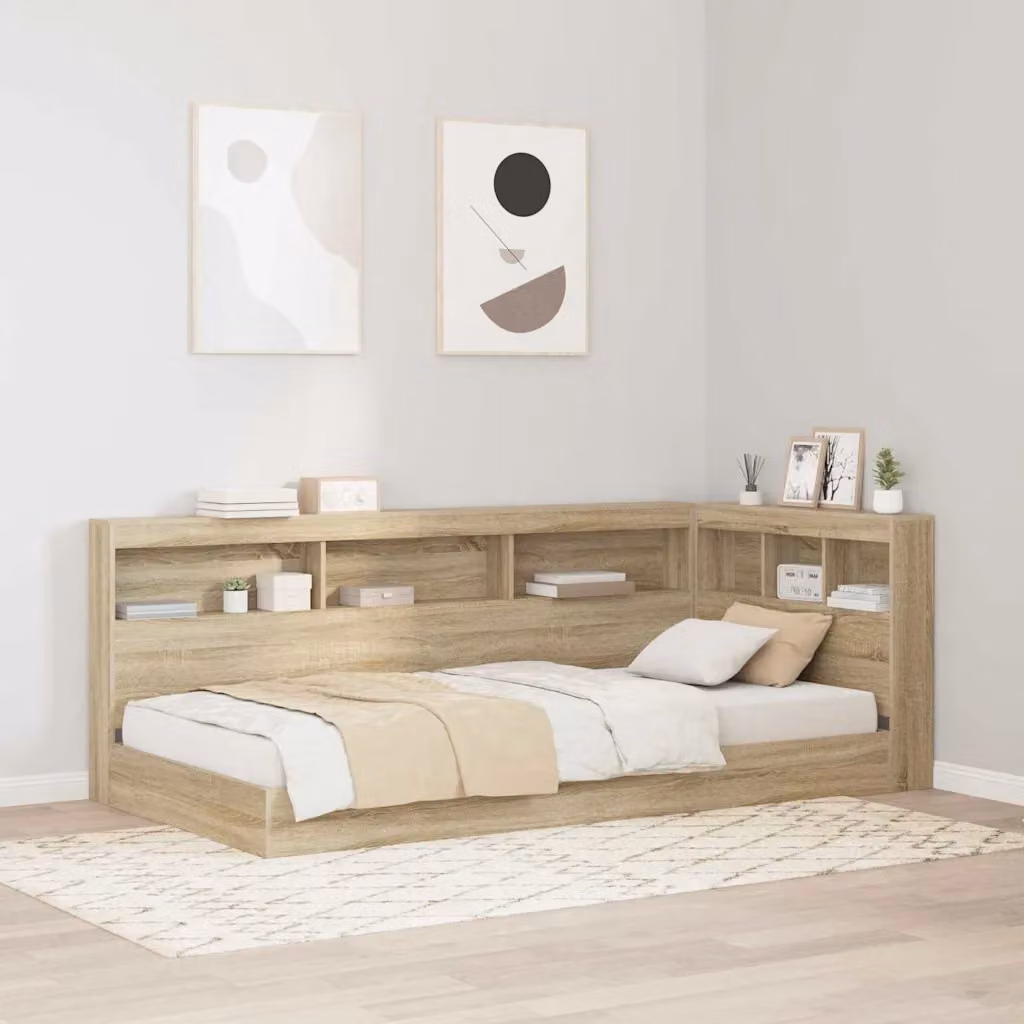Testata letto con contenitore vidaXL in legno Rovere Sonoma, colore marrone, con ripiano integrato e porta di ricarica USB, L/P/H: 217.5 x 80 x 97.5 cm