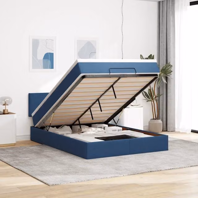Letto con contenitore a sollevamento e materasso vidaXL in tessuto blu e bianco, dotato di illuminazione sottostante e porta di ricarica USB, L/P/H: 200 x 140 x 88 cm – 1