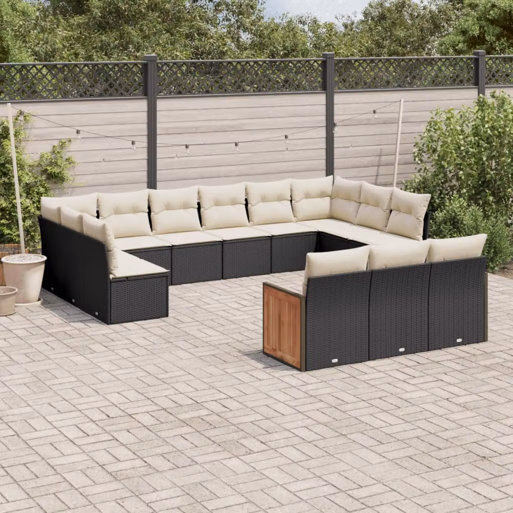 Set di divani da giardino vidaXL a forma di U con cuscini, colore nero e bianco, in rattan e legno di acacia con struttura in acciaio verniciato a polvere – 1